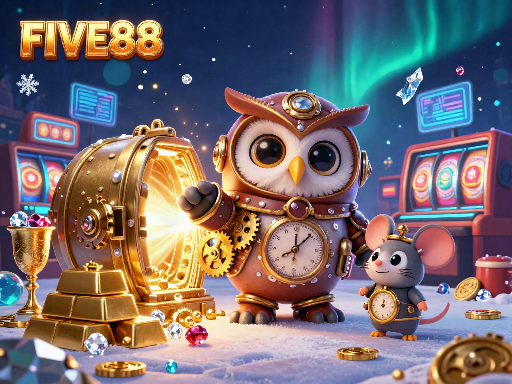 Experience the exciting world of FIVE88 with vibrant steampunk elements amidst a modern casino scene.