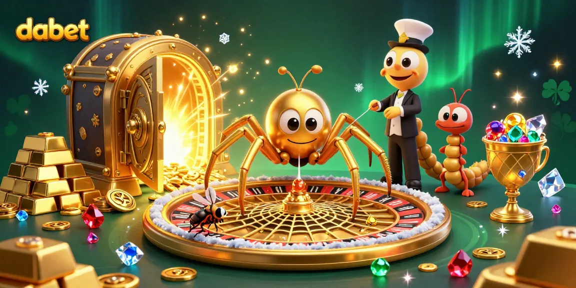 Experience thrilling bets at dabet with a captivating 3D illustration of a roulette-themed spider and croupier.