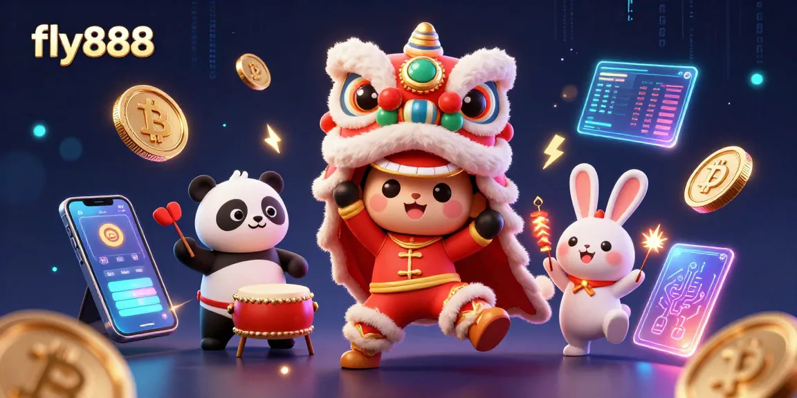 Engage in thrilling bets with fly888, featuring vibrant 3D characters and crypto elements in a casino-themed setting.