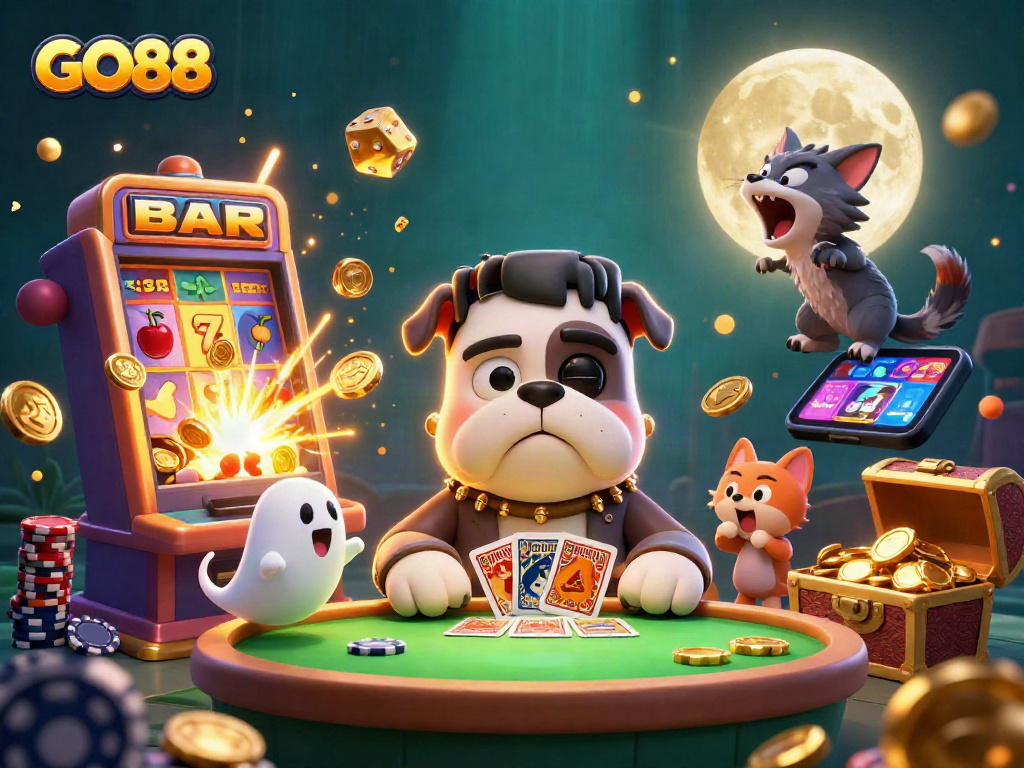 Experience GO88 casino excitement with a vibrant 3D illustration of thrilling games.
