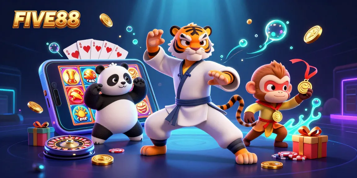 Engage with the FIVE88 online casino experience through this vibrant 3D illustration.