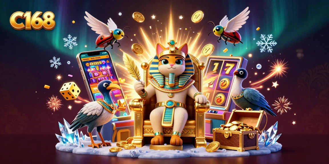 C168 brings excitement with a 3D pharaoh cat, slot machine, and dynamic casino action.