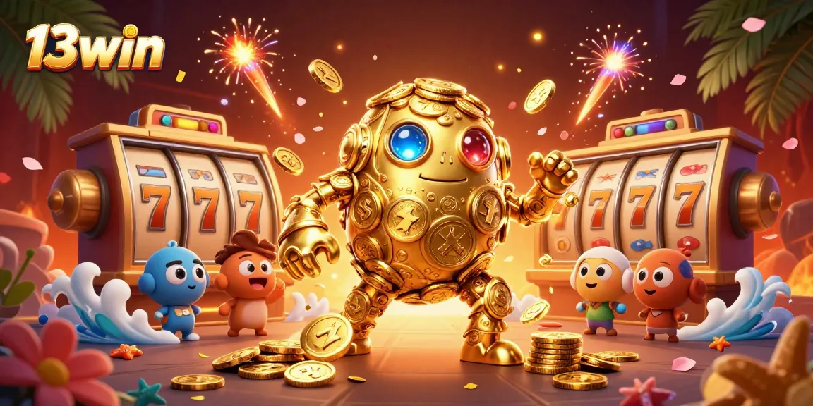 Experience thrilling wins at 13win with a vibrant 3D casino illustration that showcases slot gaming action.
