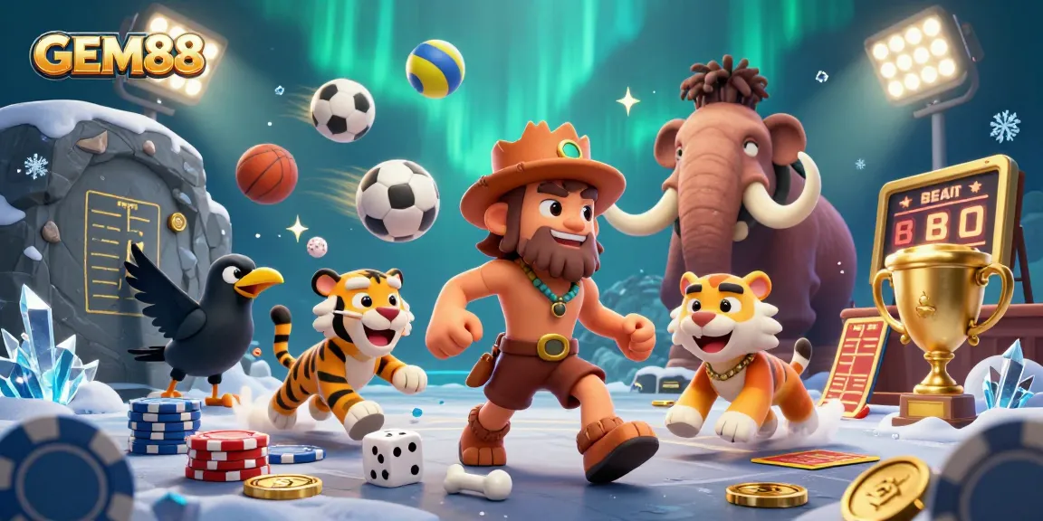 Experience GEM88's thrilling games with a colorful and dynamic casino-themed illustration.