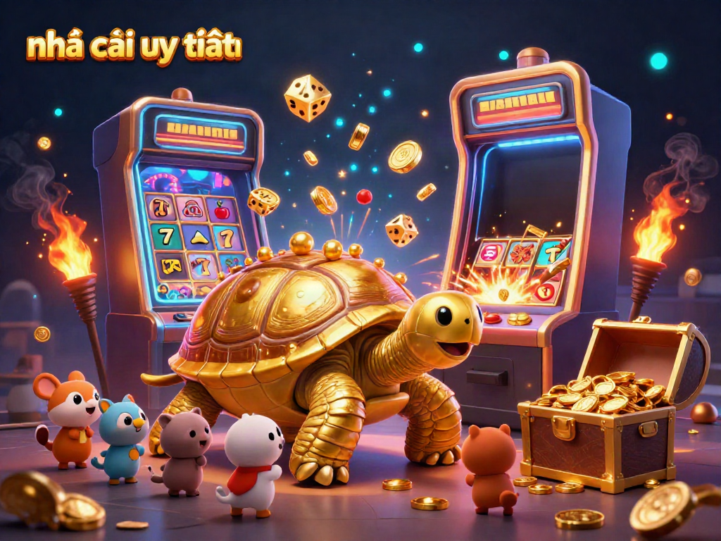 Excited players engage with nhà cái uy tín at a vibrant casino, featuring a golden tortoise pinball machine and dazzling slot machinery.