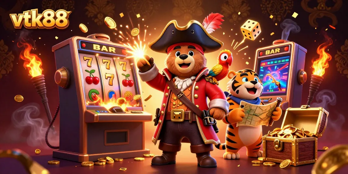 Experience thrills with vtk88 featuring a pirate bear, a tiger, and vibrant slot machine elements.
