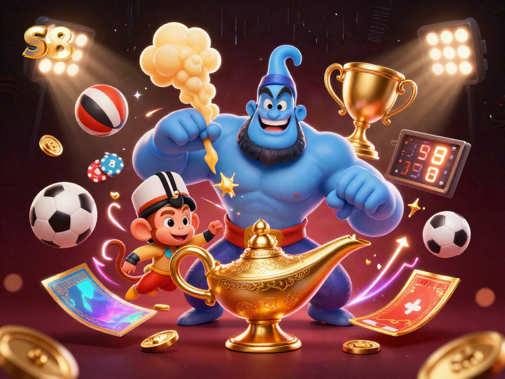 Engage with s8's thrilling gaming world featuring a genie, monkey, and poker chips.