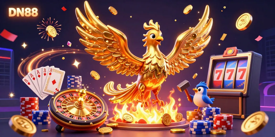 Join the excitement of DN88 as molten gold flows from a phoenix surrounded by dynamic casino elements.