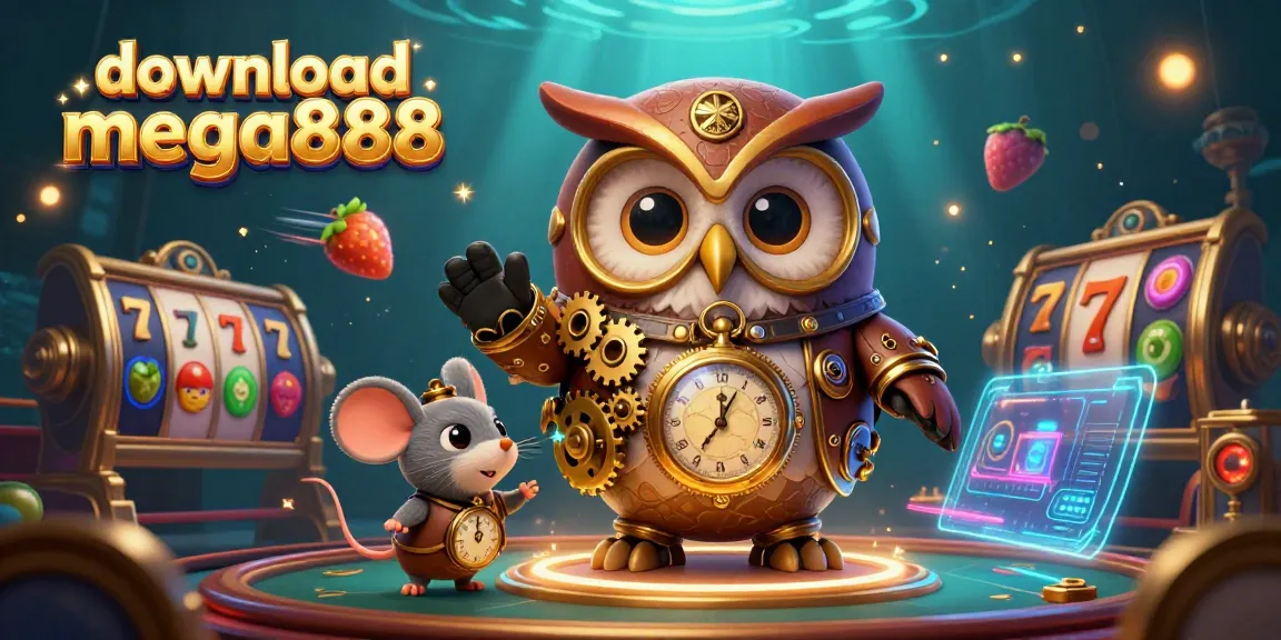 Spin and win with download mega888 in a dynamic 3D casino scene with owl and mouse companions.