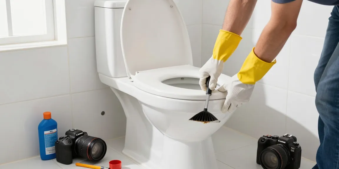 Een verstopte wc in een moderne badkamer terwijl een loodgieter het probleem aanpakt met een plunjer.