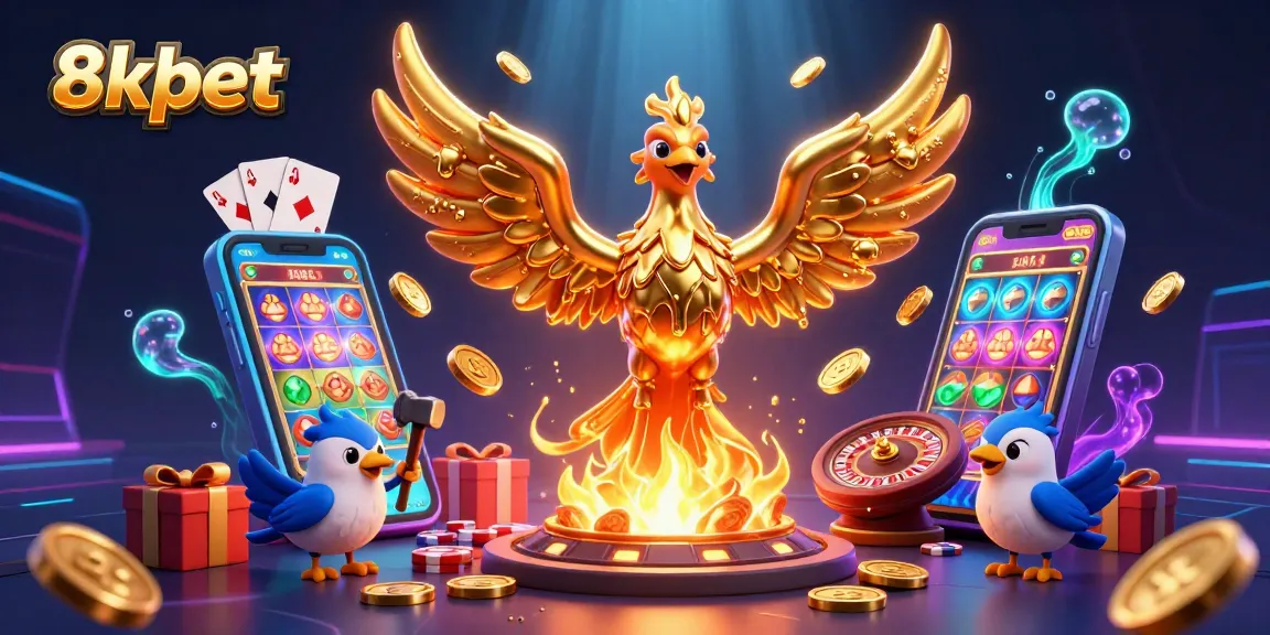 Experience the excitement of 8xbet with a vibrant 3D casino scene featuring golden coins and gaming elements.
