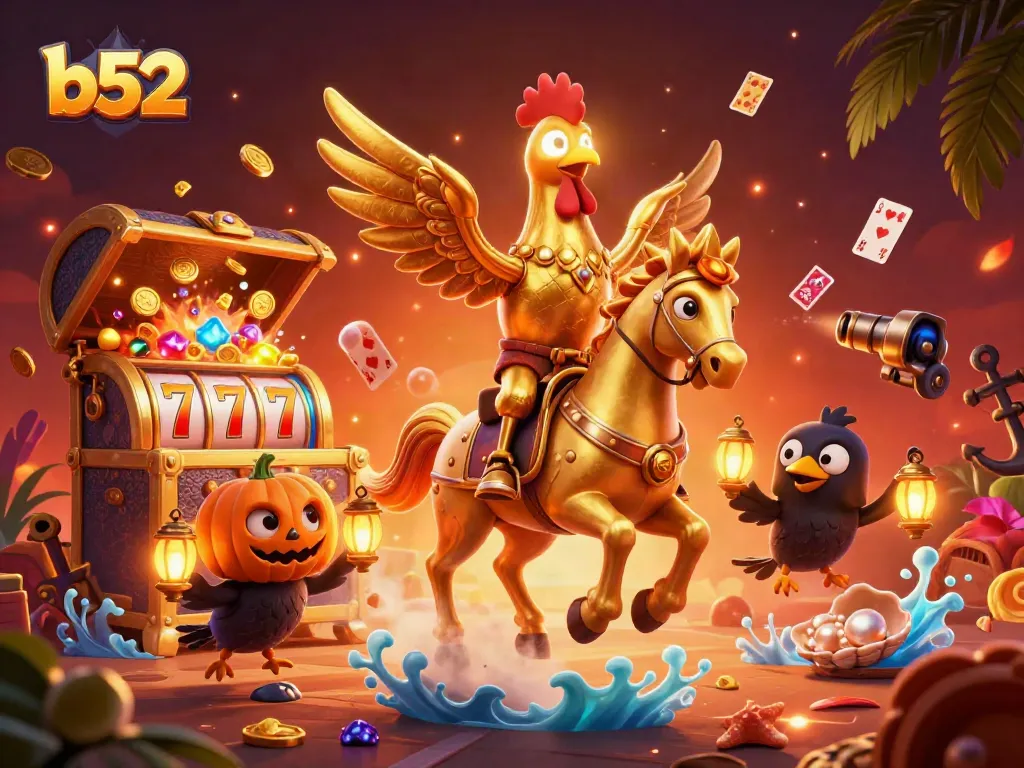 B52 players explore vibrant online casino games with exciting slot reels and treasure.