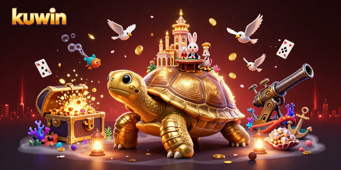 Kuwin showcases a vibrant casino scene with a golden tortoise and rabbit dealer, engaging players in thrilling games.