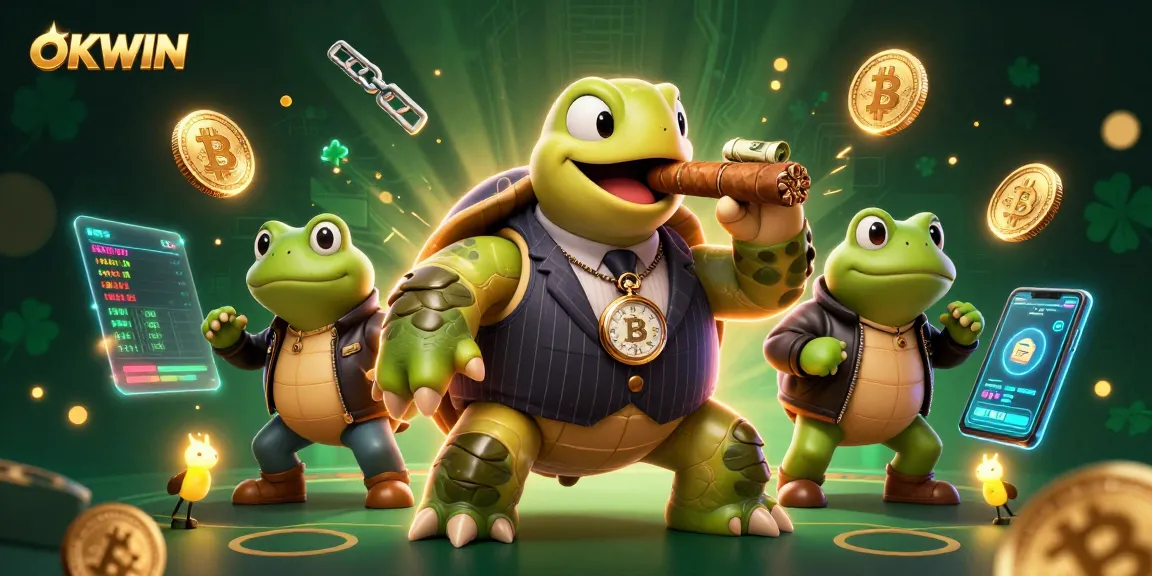 Engaging illustration of OKWIN showcasing a snapping turtle in a vintage suit with cryptocurrency elements, symbolizing online gambling