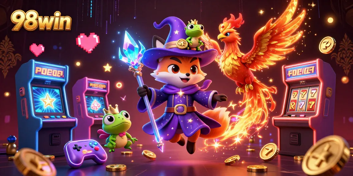 Experience the thrilling adventures of 98win with magical wizards, phoenixes, and vibrant gaming setups.