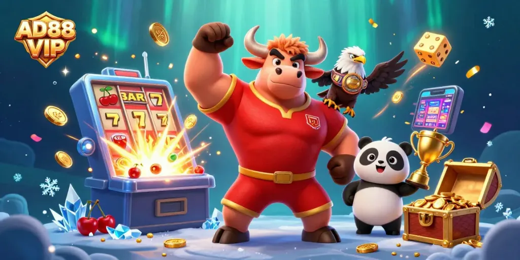 Win big with AD88 VIP as the bull mascot celebrates with a jackpot explosion in a vibrant casino scene.