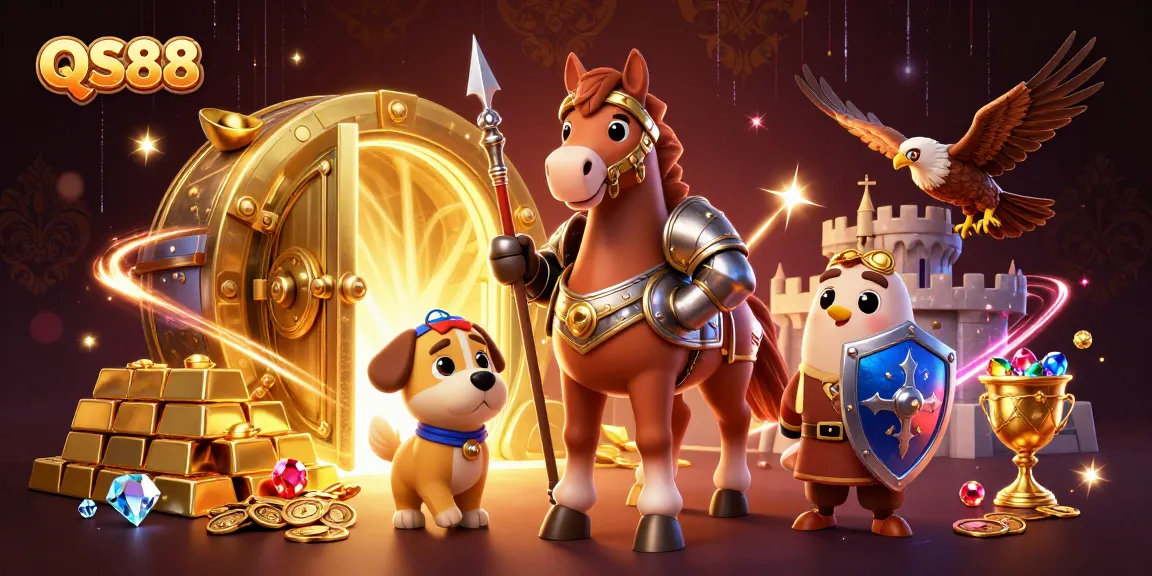 Engage with QS88's thrilling online casino adventure amidst sparkling treasures and animated characters.