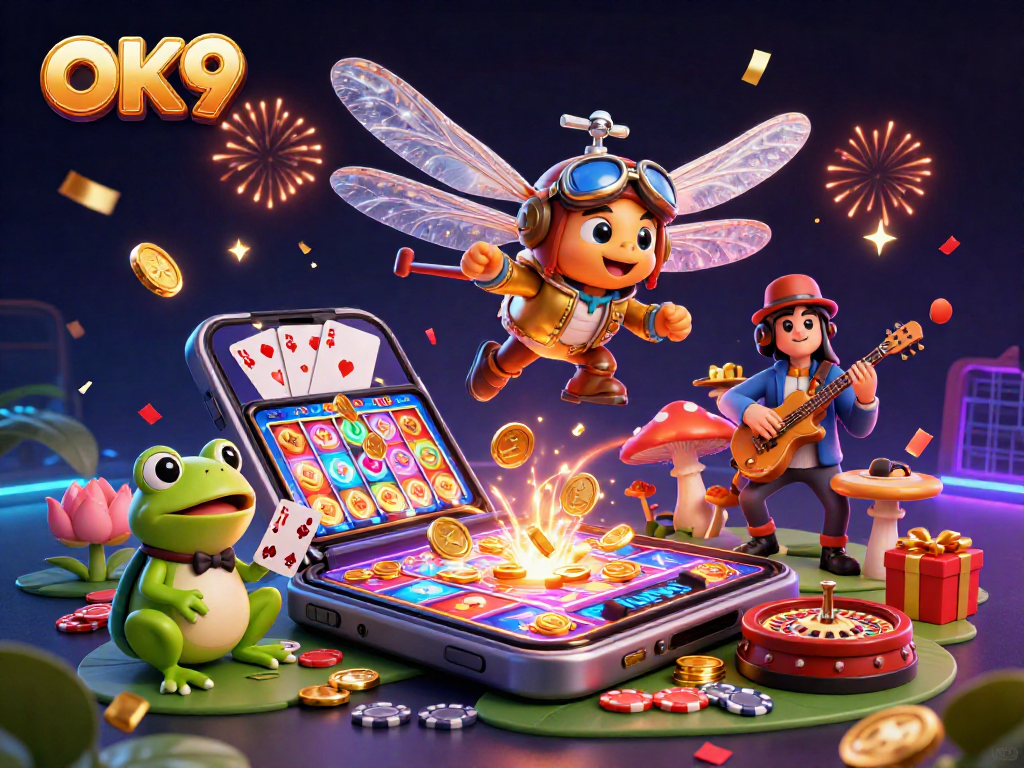Engage in the exciting action at OK9 with vibrant casino scenes featuring a dragonfly pilot and a jazz band.