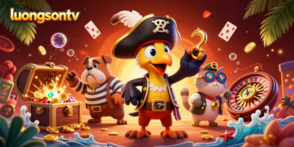 Experience thrilling action at luongsontv with 3D cartoon characters exploring treasure in a vibrant gambling scene.