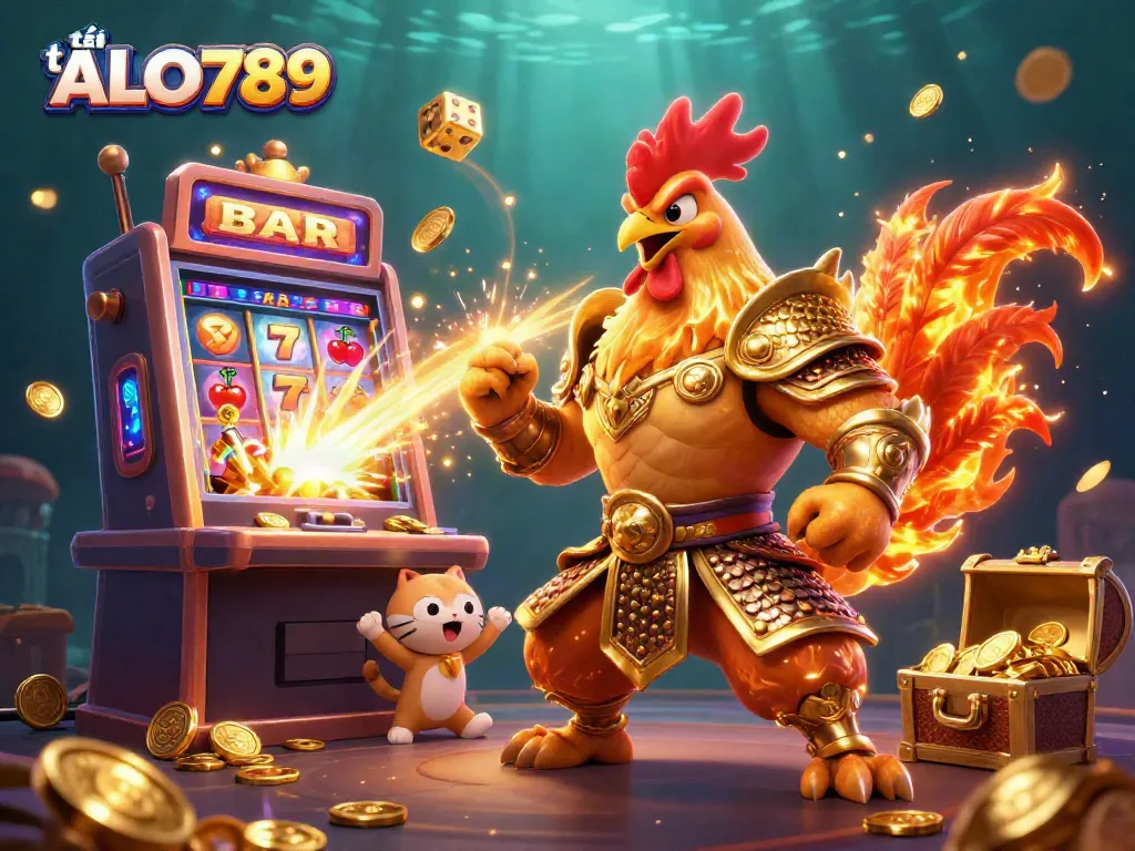 Engage in thrilling gameplay with tải ALO789 as a fearless rooster warrior and dragon hatchling celebrate a jackpot.