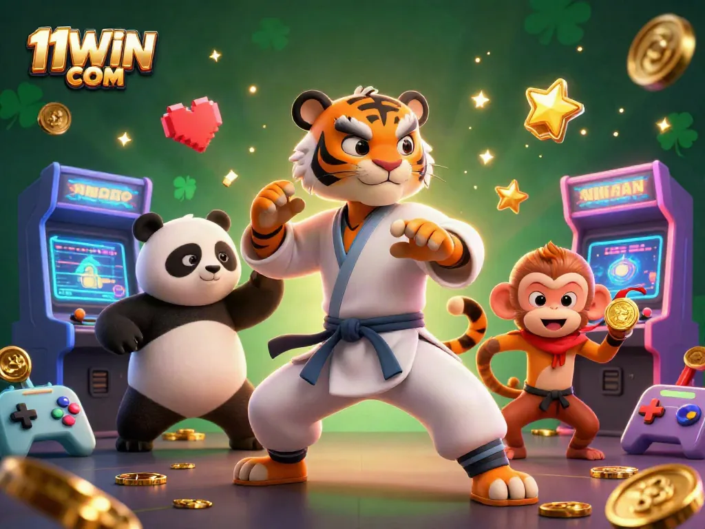 Engage with exciting gaming experiences at 11WIN COM featuring Kung Fu tiger master, panda, and monkey.