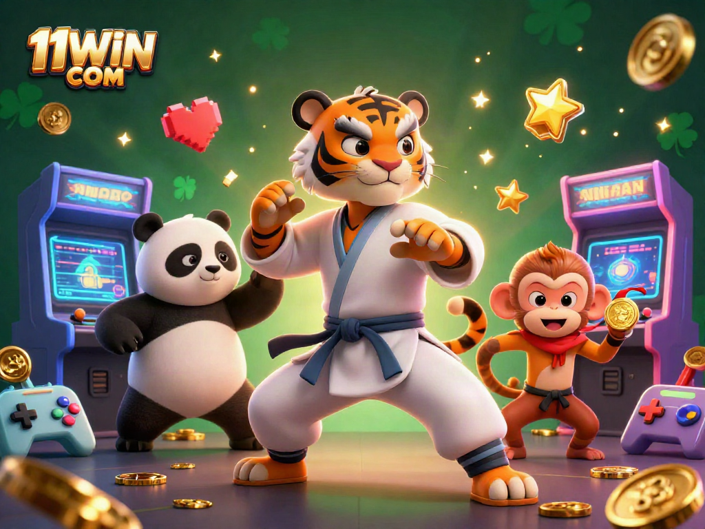 Engage with exciting gaming experiences at 11WIN COM featuring Kung Fu tiger master, panda, and monkey.