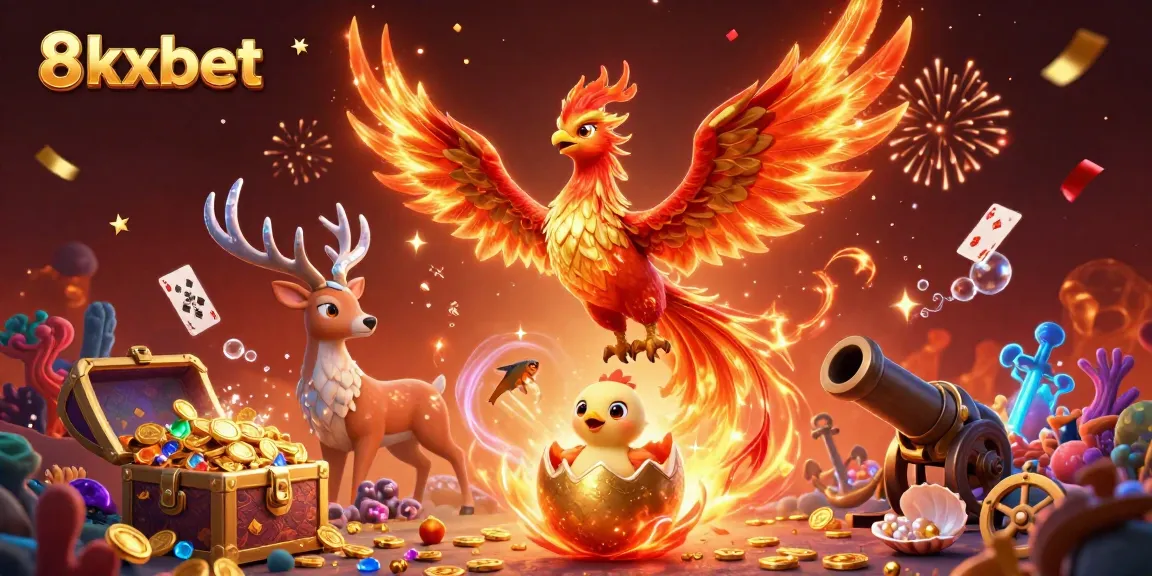 Experience the excitement of 8xbet with a vibrant scene featuring a fiery phoenix and captivating casino elements.