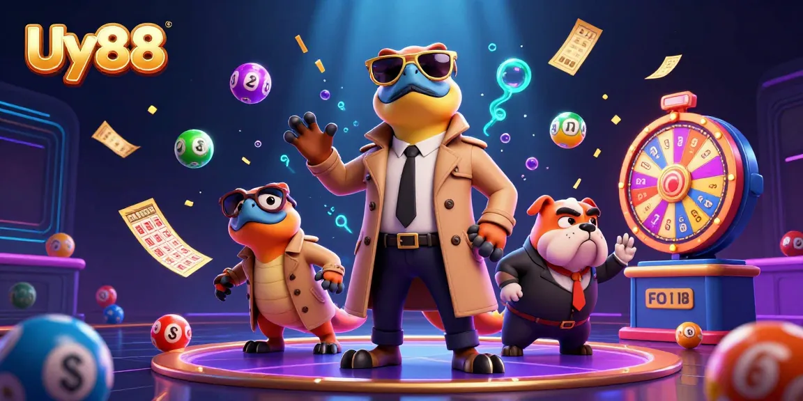 Experience the excitement of Uy88 with vibrant lottery games and 3D cartoon raptors at a casino lounge.