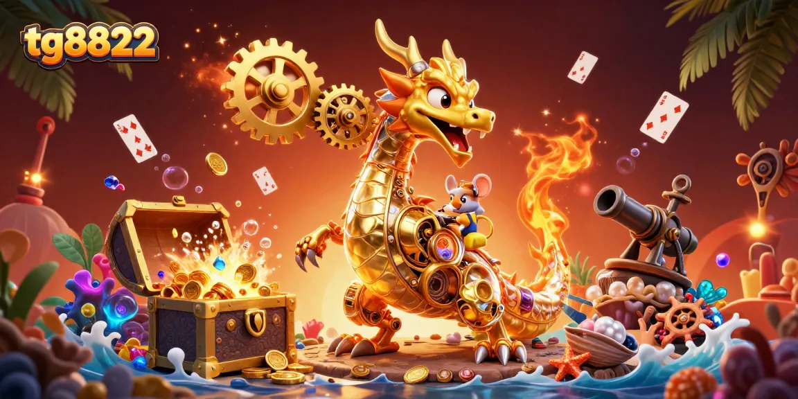 Experience the excitement of tg8822 with a golden dragon and exploding treasure in this vibrant scene.