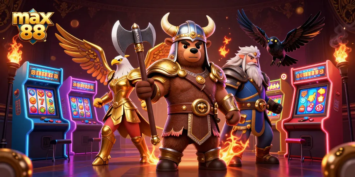 Engage with the max 88 slots experience featuring a Viking bear, Valkyrie eagle, and gaming elements.