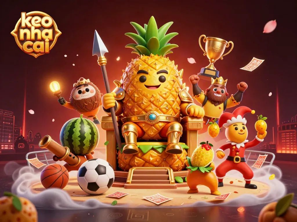 Witness the golden pineapple king in a vibrant beach casino themed scene celebrating keo nha cai with engaging sports elements.