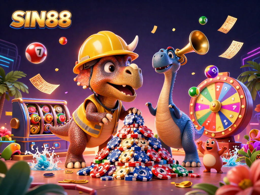 SIN88 showcases a vibrant casino scene with a triceratops building poker chip pyramids amidst lively casino elements.