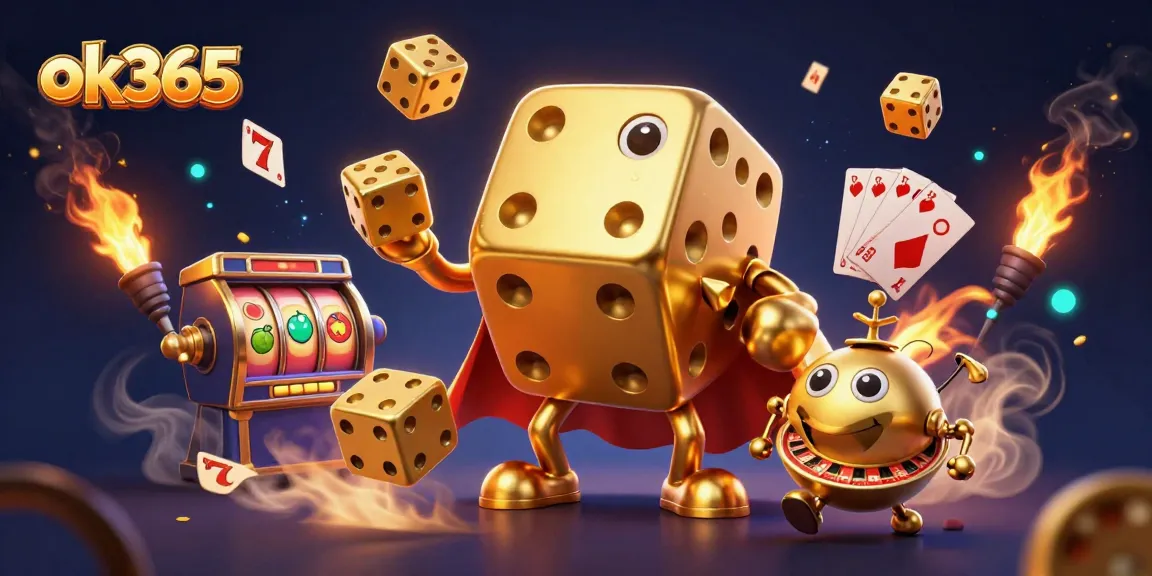 Join the action at ok365 with a vibrant scene of a golden dice golem showcasing slot games and lucky symbols.