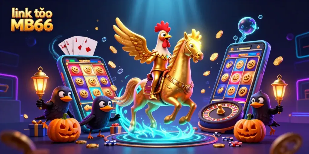Link vào MB66 features a golden rooster riding a spectral horse in a vibrant casino scene.