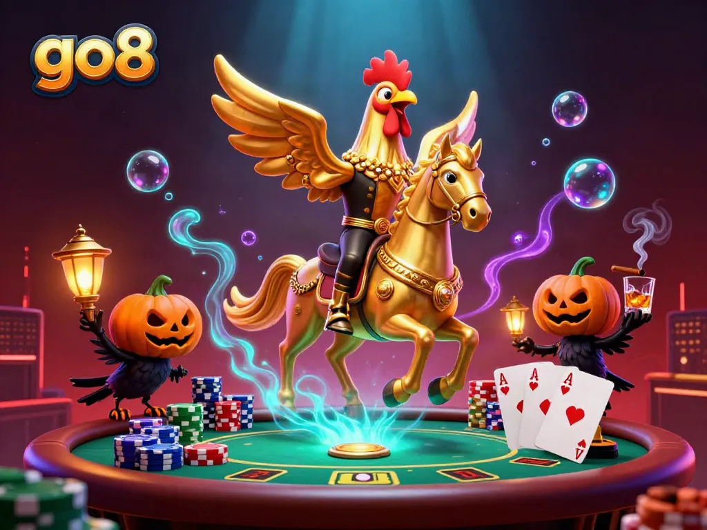 Engage with go8 at a vibrant midnight casino, featuring a golden rooster hero amidst poker excitement.
