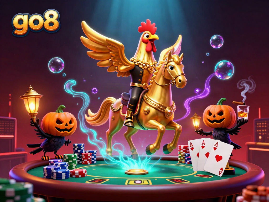 Engage with go8 at a vibrant midnight casino, featuring a golden rooster hero amidst poker excitement.