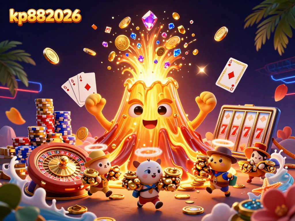 Win big with kp882026, a vibrant 3D scene of a golden volcano erupting coins and treasures in a casino setting.