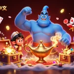 与Telegram中文互动，一个充满活力的插图，展示了一个神灯、猴子和扑克筹码，呈现丰富的赌场场景。