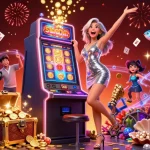 Experience the thrill of luck8 with a gorgeous Asian woman celebrating a jackpot on a slot machine.