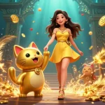 Engage in Tai xiu online with a lucky cat mascot, vibrant gold coins flying around in a dynamic casino scene.