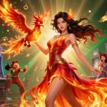 Engage in thrilling gameplay with no hu as a stunning woman in a fiery gown leads a dynamic casino illustration.