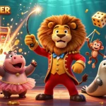 Experience the excitement of LUWAKPOKER with this colorful casino-themed illustration featuring vibrant characters and slot elements.