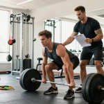 Bodybuilder performing a deadlift in a bright gym, showcasing Prime Pharma Steroiden for optimal strength gains.