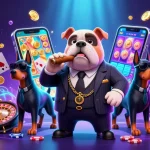 Engage with exciting online casinos as depicted by a mafia boss bulldog overseeing vibrant slots and game elements.