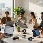 Diverse team collaborating on AI wearables in a modern tech workspace, surrounded by prototypes and tech gadgets.