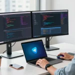 Download Telegram interface displayed on dual monitors in a modern tech workspace.