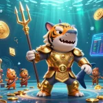DABET showcases a vibrant underwater casino adventure featuring a shark in gladiator armor amidst dynamic game elements.