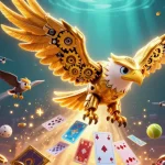 Experience fabet1's engaging gambling scene with an eagle diving through holographic cards and sports elements.