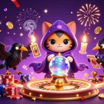 LLWIN's vibrant gaming scene showcases a mystical cat fortune teller and a tarot raven among casino elements.