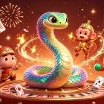 Experience the thrill of gaming as mb66 brings you an enchanting scene with a rainbow serpent and poker elements.